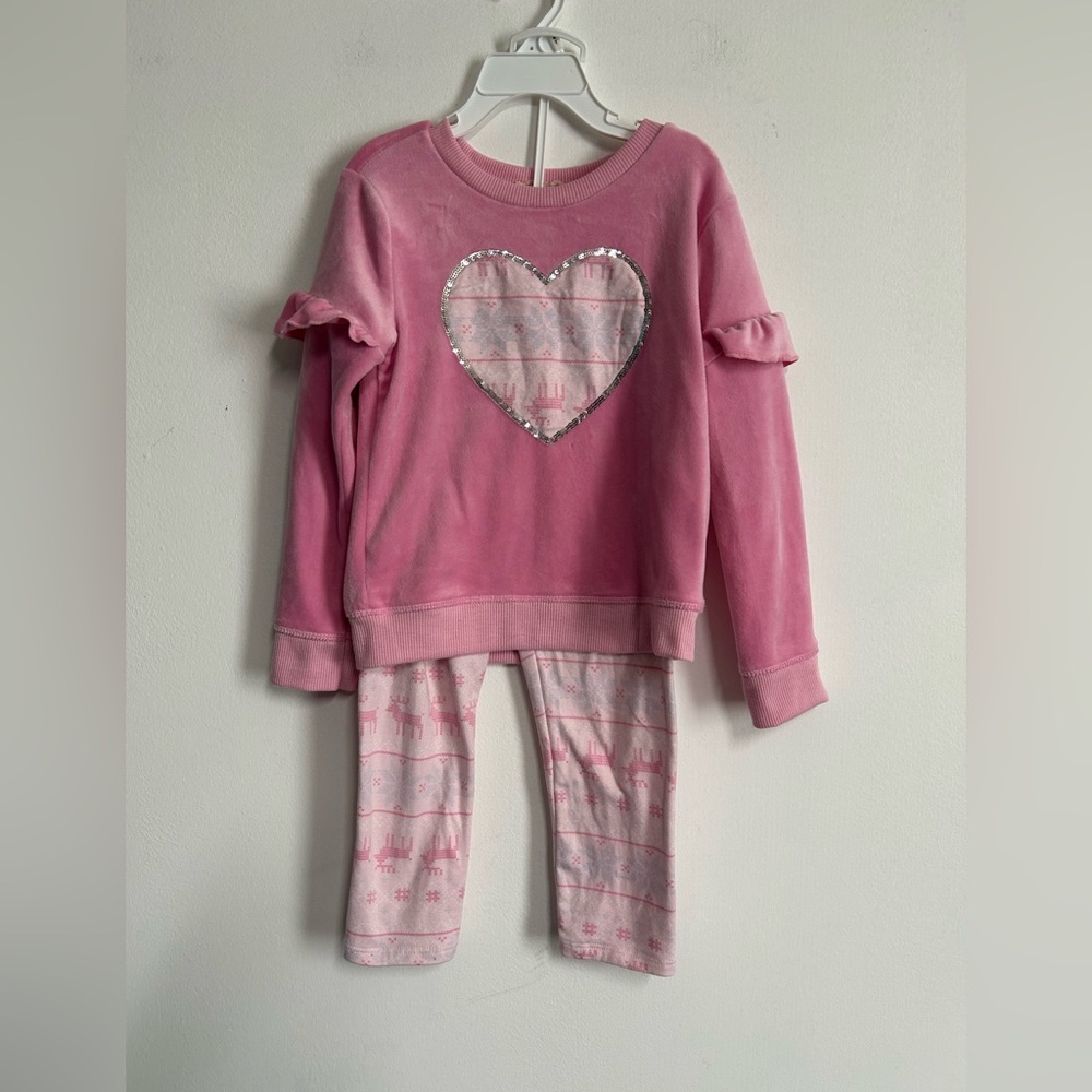 Toddler Girls Size 4 Two Piece Outfit Pink Reindeer‎ Cozy Heart Velvet Fleece